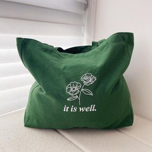 Shopping Bags It Is Well Rose Flower Embroidered Aesthetic Vintage Style Street Fashion Canvas Ladies Shoulder Bag Reusable