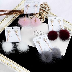 Boucles d'oreilles pendantes Simple mode coréen rose blanc vison moelleux boule longue chaîne pour les femmes Chic Imitation perle goutte boucle d'oreille bijoux