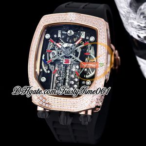 Bugatti Chiron Tourbillon Autoamtic Herrenuhr, 16-Zylinder-Motor, Skelett-Zifferblatt, vereistes Diamanten-Intarsiengehäuse, rotes Stick-Kautschukarmband, trustytime001Watches BU200.40