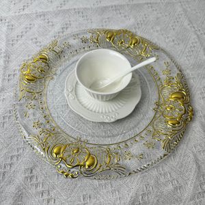 Charger Plates Clear Plastic Tray Round Dishes With Gold Patterns Acrylic Decorative Dining Plate For Table Setting 1004