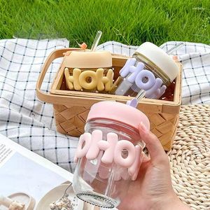 Water Bottles 350ml Creative Straw Glass Cup Double Drink Cartoon Pearl Chain Letter Juice Gift