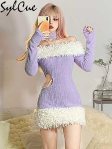 Party Dresses Purple Woolen Autumn Winter New Trends Bright Beautiful Slim Warm Mature Charming Feminine Sexy Women'S Halterneck Dress 230322