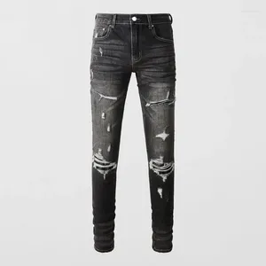 Erkek kot moda sokak kıyafetleri erkekler retro siyah gri streç sıska uyum yırtık deri yamalı tasarımcı hip hop marka pantolon