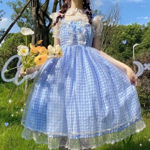 Sukienki swobodne anbenser lolita sukienka Summer miękka dziewczyna pasek retro słodka różowa niebieska koronkowa lalka dla kobiet koreańska urocza