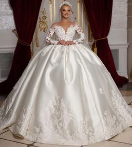 2024 Wunderschönes Ballkleid-Hochzeitskleid mit transparentem Hals und langen Ärmeln, Perlen, Spitze, Satin, Brautkleider, Arabisch, Dubai, Vestido de Novia, Casamento, nach Maß