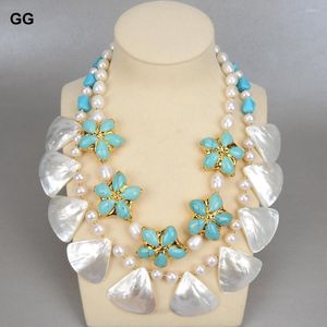 Pendant Necklaces JK 2 Strands Cultured White Freshwater Pearl Blue Turquoises Flower Shell Necklace 20" For Women