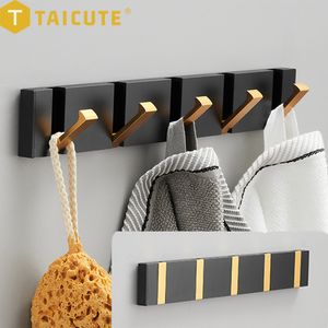 Hooks Rails Taicute Folding Handduk Hanger 2ways Installation Wall Coat Klädhållare för badrum Kök sovrum Hall Black Gold 230419