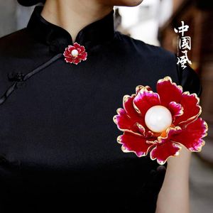 Broches pinos moda moda chinesa peony flor pérola broche para mulheres esmaltadas colorido pin jóias de aniversário vestido de cheongsam
