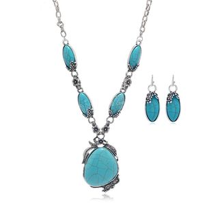Vintage Irregular Turquoises Stone Pendant Necklaces Earrings for Women Bohemian Statement Party Jewelry Set Gift