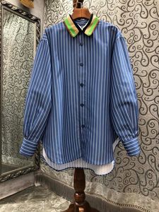 Women's Blouses 2023 Women Fashion Lantern Long Sleeve Sexy Casual Color Matching Lapel Striped Mid-length Top Shirt 0223