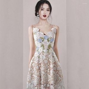 New Casual Dresses Summer Temperament Suspender Long Dress Women Fashion Patchwork Embroidered Lace Vestidos