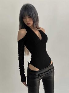 Kadın Tulumları Tulumlar Vintage Off Out Out-Out Slim Bodycon Tulum Seksi V yaka y2k yular uzun kollu gövde üstleri kulüp dış giysiler bodysuits kadın p230419