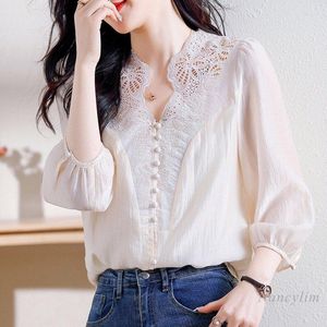 Women's Blouses Women's Three-Quarter Sleeve Chiffon Shirts Spring Tops 2023 Puff Sleeves Chic Beautiful Hollow Lace V Neck Blusas