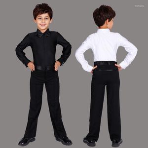 Scene Wear White Black Boys Latin Dance Costume Shiny Spandex Modern Ballroom Tango Rumba Shirtspants