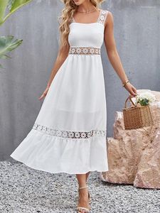Casual klänningar vit lång klänning kvinnor sommar sexig ärmlös rygglös maxi damer elegant ihålig ut spets boho sundress vestidos