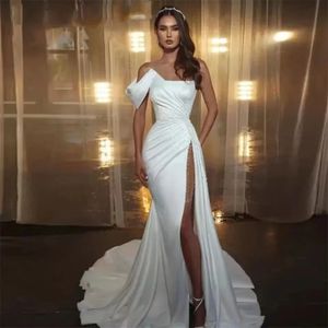 Elegant Beads Mermaid Wedding Dress One Shoulder Sleeveless Satin Side Split Bride Bridal Gowns Women New Arrival Custom Made Robe De Mariee