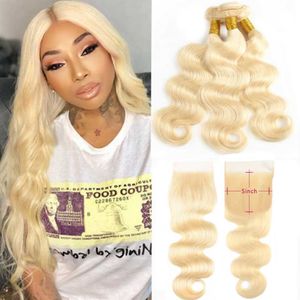 12A #613 Blonde brasilianische Menschenhaarbündel mit 5X5 HD-Spitzenverschluss Virgin Straight Body Wave Deep Wave Platium Blonde Hair Extensions Weave