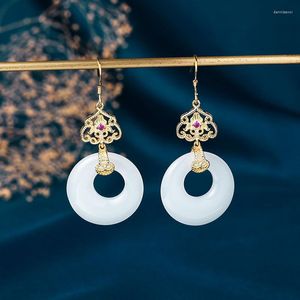 Boucles d'oreilles pendantes Original Vintage Style chinois ancien or artisanat naturel un Jade blanc rond pour les femmes classique Eardrop bijoux