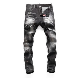 dsq Jeans 2023 Spring and Autumn Personalized Elastic Water Wash Inkjet Tight Night Club Fashion Tear Hole D2 Pantss