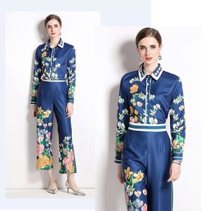 Moda bayan tasarımcı iki parçalı set zarif baskı uzun kollu gömlek uzun pantolon 2 adet artı boyutu ince bayanlar pist bahar sonbahar üstleri ve pantolon takımları iki parça set