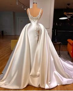 Luxury Mermaid Wedding Dress 2024 Detachable Train Straps Pearls Beading Side Split Satin Women Bridal Formal Gowns Vestidos De Noiva Custom Made