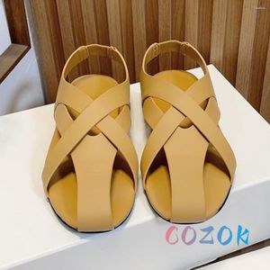 Sandálias Retro Light Tan Cross Hollow Belt Plana Casual Couro Real Mulheres Redondo Toe Sapatos Verão