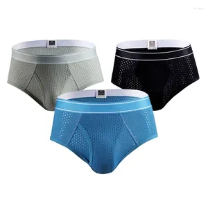 Cuecas masculinas sexy roupa interior gelo seda briefs malha sheer bolsa stretchy calcinha aberta virilha gay panteis