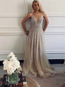 Casual Dresses Luxury Gold Sequins Beads Prom Sleeveless V-Neck A-line Wedding Woman Party Evening Gown Cocktail Dress Vestidos Fashion