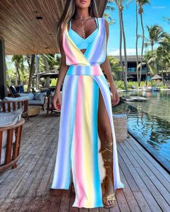 Nowe sukienki swobodne kobiety 2024 Summer Fashion Print Bez rękawów Sexy High Slit Maxi Plunge Sukienka wakacyjna z stanikiem