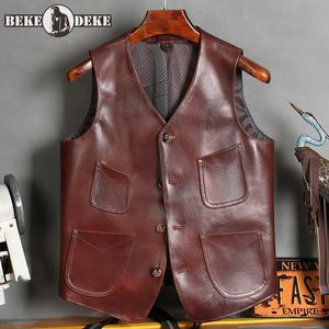 Mäns västar vintage Mens Cowhide äkta läderväst Top V Neck Single Breasted Tickets Ärmlös lastjacka Slim Fit Waistcoat 230420