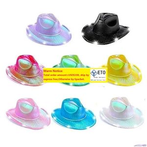 Partyhüte geführtes weißes Licht Cowboy Neon Cowgirl Hat Holographische Rave -Fluoreszenz mit einstellbarem winddichtem Kabel für Halloween Costum ZZ