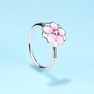 925 srebrna Srebrna Magnolia Bloom, blada Cerise Enomel Pink CZ Pierścień Fit Pandora Biżuter