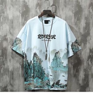 Herren T-Shirts Nationale Landschaft Druck T-Shirt Herren Sommer lockerer Trend im chinesischen Stil Paare mit halben Ärmeln Harajuku Hip Hop Kleidung 230420