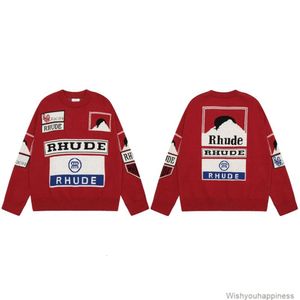 デザイナーメンズセーターカジュアルパーカーrhudeムラf1サンセットマウンテンエンボスラウンドネッククリスマスレッドニットルーズリラックスした男性の女性のセーターのトレンド