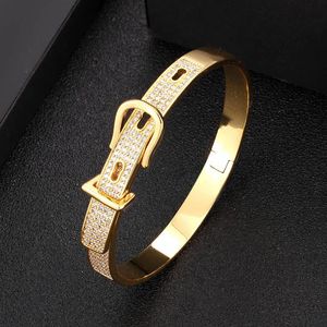 Bracciale zlxgirl gratuito Borsa in velluto di marca a forma di cintura Bracciale con zirconi cubici gioielli braccialetto Donna CZ Bracciale con nodo in oro rame Bracciale rigido 231120