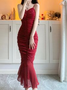 Женские платья для вечеринок спагетти ремня красный цвет Paillette Lurex Shinny Bling Branced Mermaid Bodycon Midi Long Vestidos Smlxl