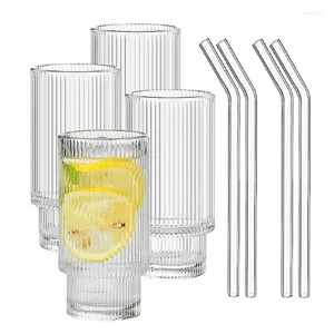 Weingläser, 4er-Set, geripptes Glasgeschirr, Vintage-Stil, zum Trinken, 473 ml, mit Strohhalm