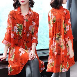 Blusas femininas primavera verão mulher mulher de comprimento médio blusa vintage pólo floral cardigan chiffon camisa mãe protetora solar 3/4 de manga vermelha black top