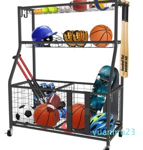 Larger Ball Storage Rack with Baskets and Hooks, Indoor or Outdoor Gear Storage for Tennis Racket, Roller Skates