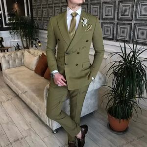 Ternos masculinos verdes do exército, 2 peças, jaqueta, calças, noivo, casamento, smoking, blazer duplo, formal, festa de negócios, roupas de baile