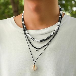 Pendant Necklaces Lacteo Black White Clay Beads Necklace Men Simple Wax Thread Rope Shell Choker On The Neck Unisex Jewelry Collar Boy