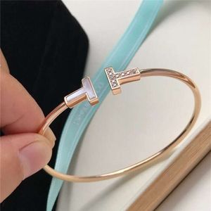 Tiffaniness Bangle Female Electroplating Rose Gold White Fritillaria Full Diamond Double T Shaped Open Armband Live Broadcast L9yq