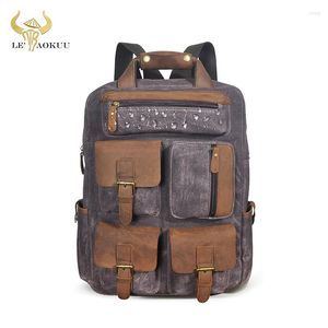 Backpack Canvas Genuine Leather Heavy Duty Design Men Travel Daypack Fashion Knapsack College School Book Laptop Bag Male 1170