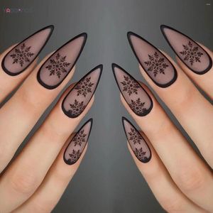 False Nails Christmas Theme Long Matte Press-on Snowflake Full Cover Artificial Nail With Black Edge For Salon Expert And Naive Women