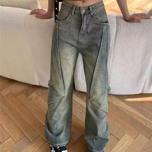 Kvinnors jeans 2023 Autumn Button Wide -Gleged Loose Y2K Lady High -Waisted Street Clothing Pants