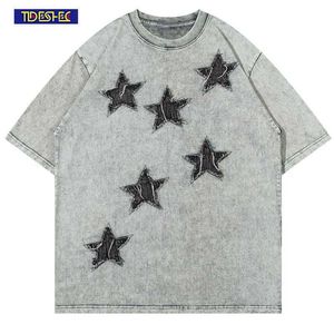 Men's T-Shirts Vintage Women's 2023 Streetwear Tshirt Harajuku Punk Goic Hip Hop Embroidery Star Patch Washed Tee Shirts Fashion Loose Top
