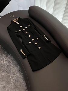 Autumn Black Solid Color Panelled Dress Long Sleeve Stand Collar Double Pockets Single-Breasted Casual Dresses D3O071430