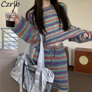 Vestidos de trabalho feminino define outono inverno listrado contraste cor manga longa tricô topos fino rendas saias moda vintage harajuku elegante