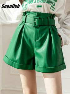 Pantaloncini da donna Seoulish Verde PU Faxu Pantaloncini da donna in pelle con cintura Nuovi pantaloni a gamba larga autunno inverno Pantaloni eleganti da ufficio femminili 230420