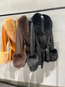 Women Down Parkas Real Fox Fur Clar orygine skórzane płaszcze płaszcze luksusowe jesienne zimowe kurtki owczelne z paskiem 231120